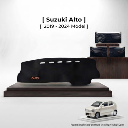 Upgrade your Suzuki Alto 2019–2024 with a premium custom-fit black velvet dashboard cover designed to provide exceptional protection, luxury, and long-lasting durability. This dashboard cover is precisely engineered to match the original dashboard shape of the Suzuki Alto, ensuring a seamless OEM-style fit without blocking air vents, speakers, sensors, or dashboard controls. Crafted from high-quality velvet fabric with premium stitching, it enhances the overall appearance of your vehicle’s interior while protecting the dashboard from harmful UV rays, excessive heat, dust, dirt, scratches, fading, and daily wear. The soft anti-glare velvet surface helps reduce windshield reflections during daytime driving, improving visibility and creating a more comfortable driving experience. The elegant black finish blends perfectly with the factory interior, giving the cabin a refined and luxurious appearance. Built for everyday use and all-weather performance, this dashboard cover maintains its shape, resists fading, and provides reliable protection over time. It is easy to install, requires minimal maintenance, and helps preserve the resale value of your vehicle by keeping the dashboard in excellent condition. Whether you drive daily, travel long distances, or simply want to enhance your car’s interior, this premium dashboard cover delivers both style and functionality. It is an excellent choice for personal vehicles, automotive enthusiasts, professional detailers, car dealerships, and online automotive stores. The product presentation includes a realistic dashboard cover display, multiple interior installation preview images, and a matching full-vehicle view to showcase the perfect fit and premium finish. Ideal for use in e-commerce product catalogs, online marketplaces, websites, social media advertising, Facebook Ads, Instagram promotions, Shopify stores, Daraz, Amazon, PakWheels, and professional automotive marketing campaigns, this dashboard cover combines modern craftsmanship with practical protection. Its precision-cut design, premium velvet texture, elegant stitching, and custom-fit construction provide a factory-inspired appearance while protecting your dashboard from everyday damage. Designed for customers who value quality, comfort, and aesthetics, this dashboard cover is a premium automotive interior accessory that enhances your vehicle’s appearance while offering dependable protection for years to come.
