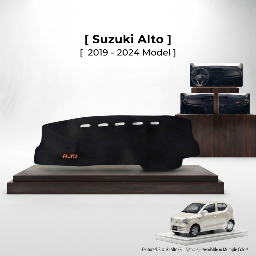 IMG_2101 Upgrade your Suzuki Alto 2019–2024 with a premium custom-fit black velvet dashboard cover designed to provide exceptional protection, luxury, and long-lasting durability. This dashboard cover is precisely engineered to match the original dashboard shape of the Suzuki Alto, ensuring a seamless OEM-style fit without blocking air vents, speakers, sensors, or dashboard controls. Crafted from high-quality velvet fabric with premium stitching, it enhances the overall appearance of your vehicle’s interior while protecting the dashboard from harmful UV rays, excessive heat, dust, dirt, scratches, fading, and daily wear. The soft anti-glare velvet surface helps reduce windshield reflections during daytime driving, improving visibility and creating a more comfortable driving experience. The elegant black finish blends perfectly with the factory interior, giving the cabin a refined and luxurious appearance. Built for everyday use and all-weather performance, this dashboard cover maintains its shape, resists fading, and provides reliable protection over time. It is easy to install, requires minimal maintenance, and helps preserve the resale value of your vehicle by keeping the dashboard in excellent condition. Whether you drive daily, travel long distances, or simply want to enhance your car’s interior, this premium dashboard cover delivers both style and functionality. It is an excellent choice for personal vehicles, automotive enthusiasts, professional detailers, car dealerships, and online automotive stores. The product presentation includes a realistic dashboard cover display, multiple interior installation preview images, and a matching full-vehicle view to showcase the perfect fit and premium finish. Ideal for use in e-commerce product catalogs, online marketplaces, websites, social media advertising, Facebook Ads, Instagram promotions, Shopify stores, Daraz, Amazon, PakWheels, and professional automotive marketing campaigns, this dashboard cover combines modern craftsmanship with practical protection. Its precision-cut design, premium velvet texture, elegant stitching, and custom-fit construction provide a factory-inspired appearance while protecting your dashboard from everyday damage. Designed for customers who value quality, comfort, and aesthetics, this dashboard cover is a premium automotive interior accessory that enhances your vehicle’s appearance while offering dependable protection for years to come.